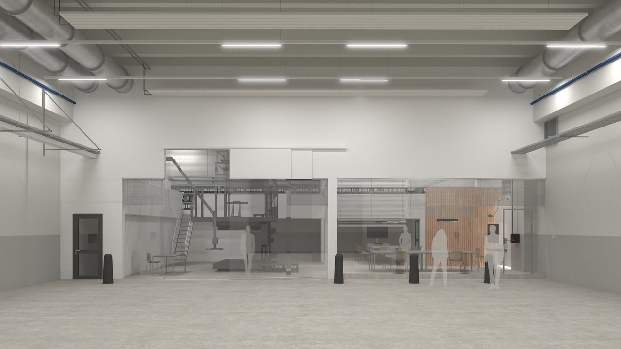 Visualisierung einer Produktionshalle mit Stahlbühne und Arbeitsplätzen