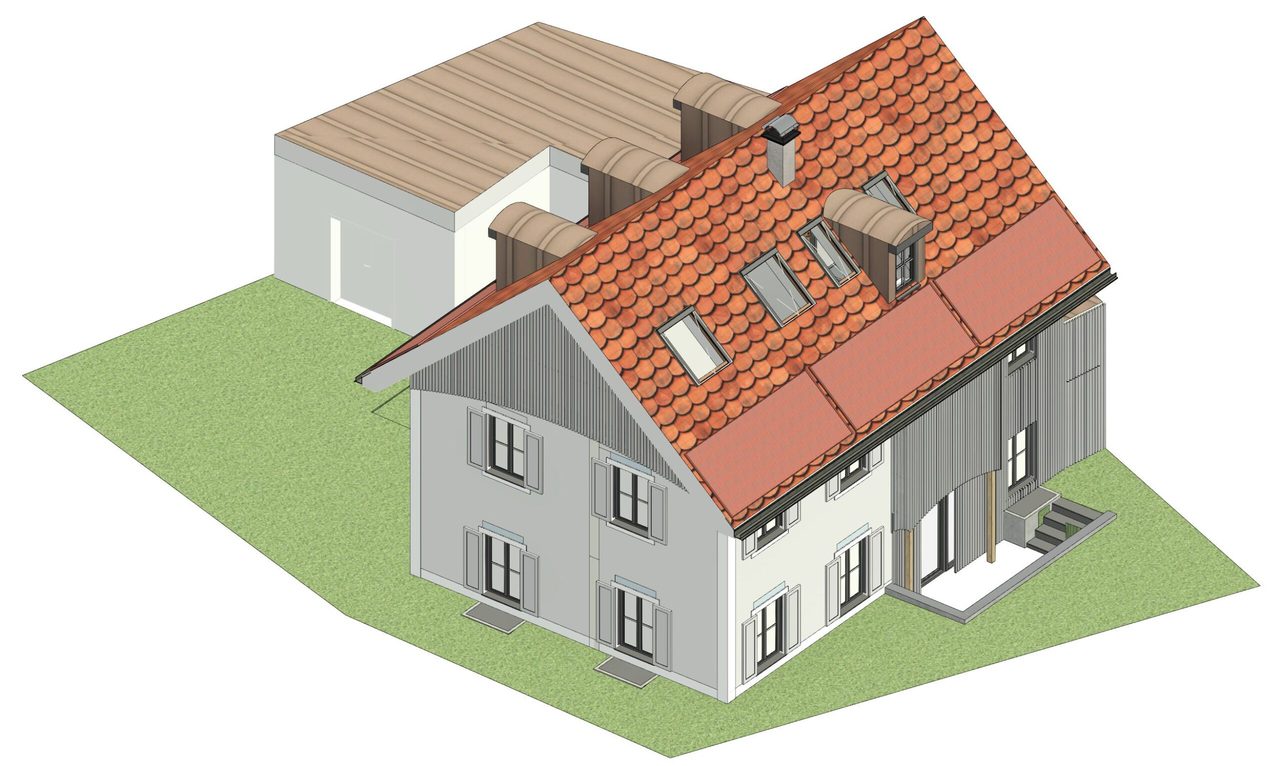 Dreidimensionales Modell eines Wohnhauses mit rotem Ziegeldach und Anbau
