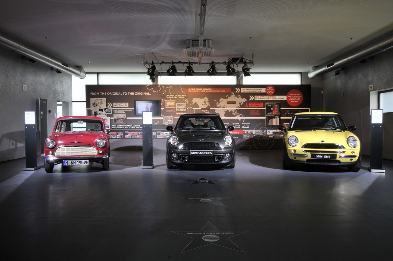 Ausstellungsraum mit drei MINI-Fahrzeugen vor einer Zeitleiste an der Wand