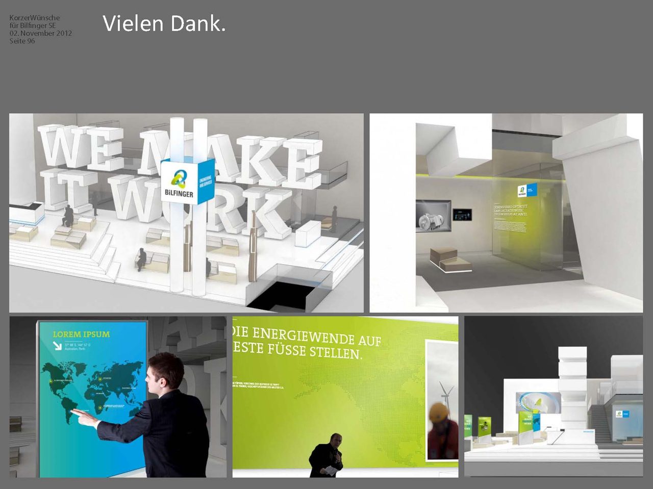 Präsentationsblatt eines Messeauftritts mit Standentwurf und Grafikbeispielen