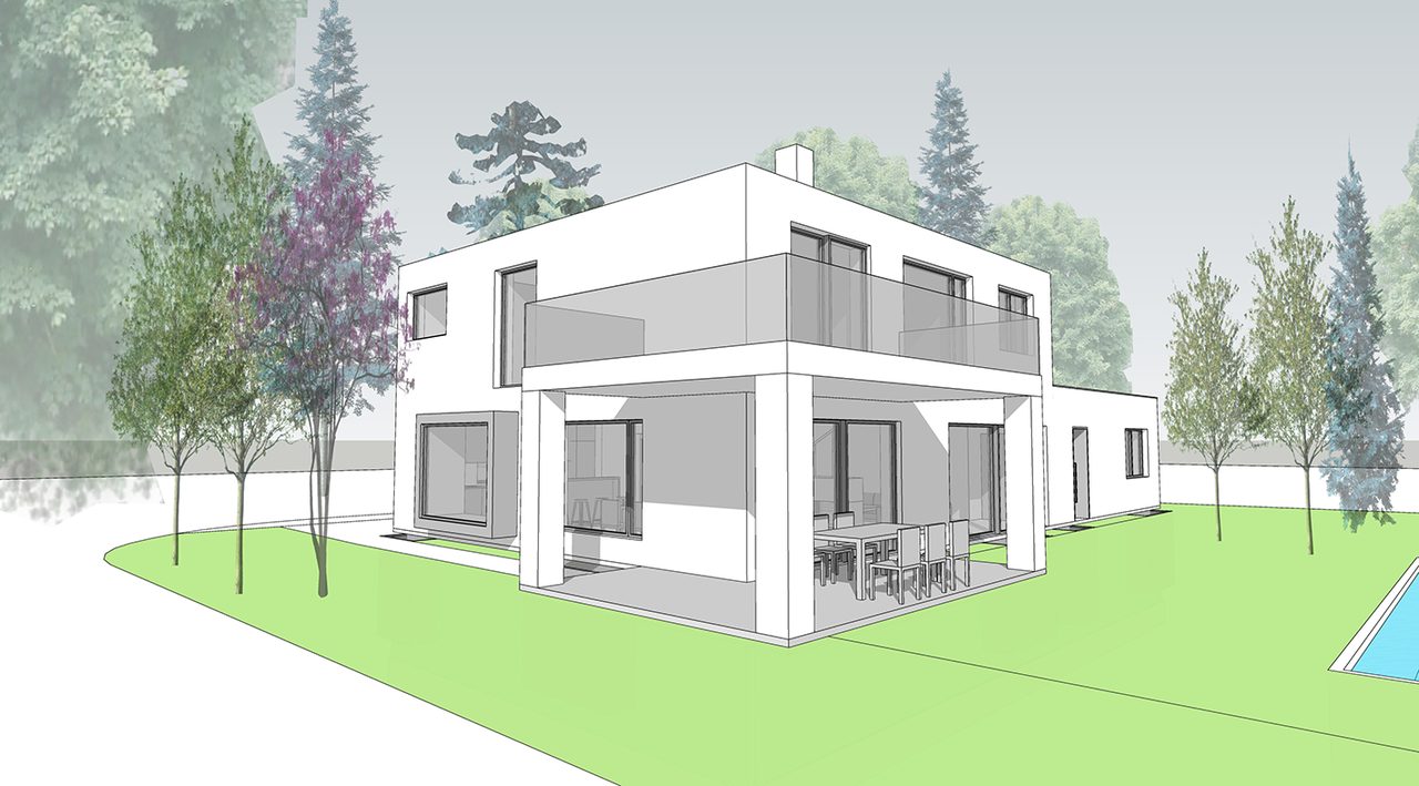 Visualisierung eines weißen kubischen Wohnhauses mit Terrasse und Flachdach