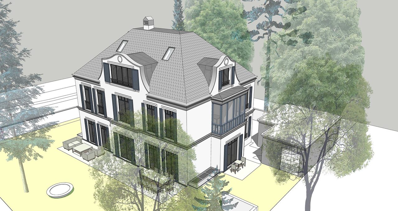 Visualisierung einer weißen Stadtvilla mit Mansarddach, Balkonen und Gartenanlage