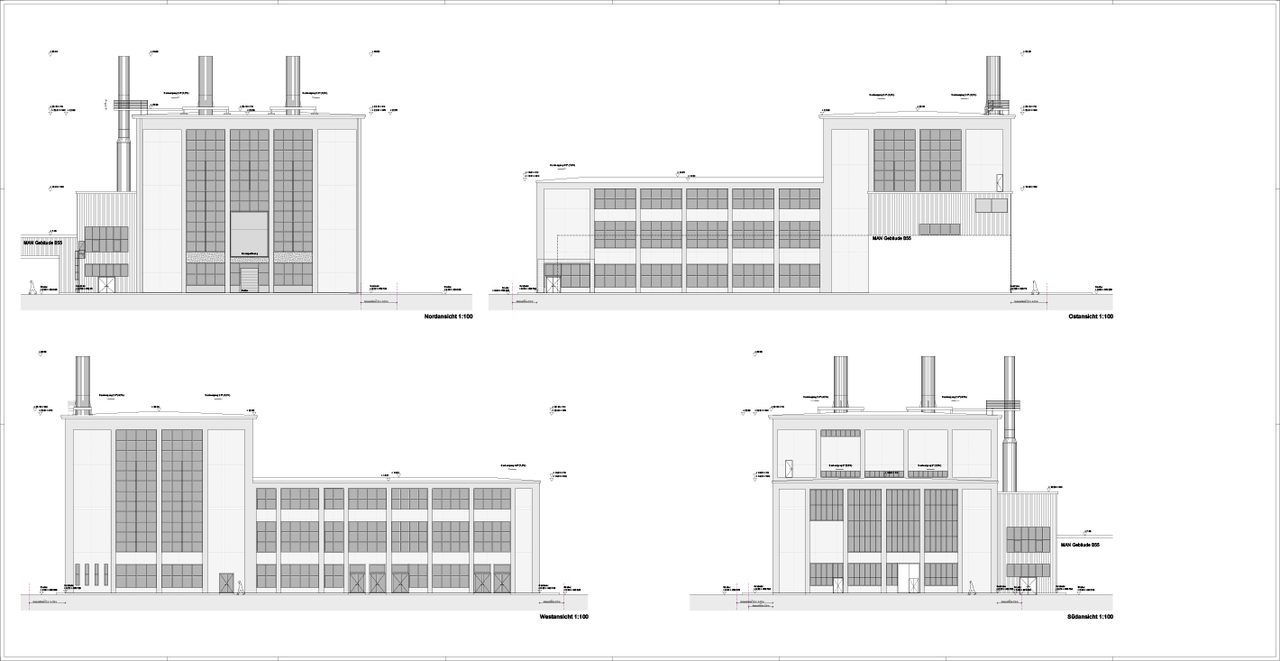 Planblatt mit Ansichten mehrerer Industriegebäude