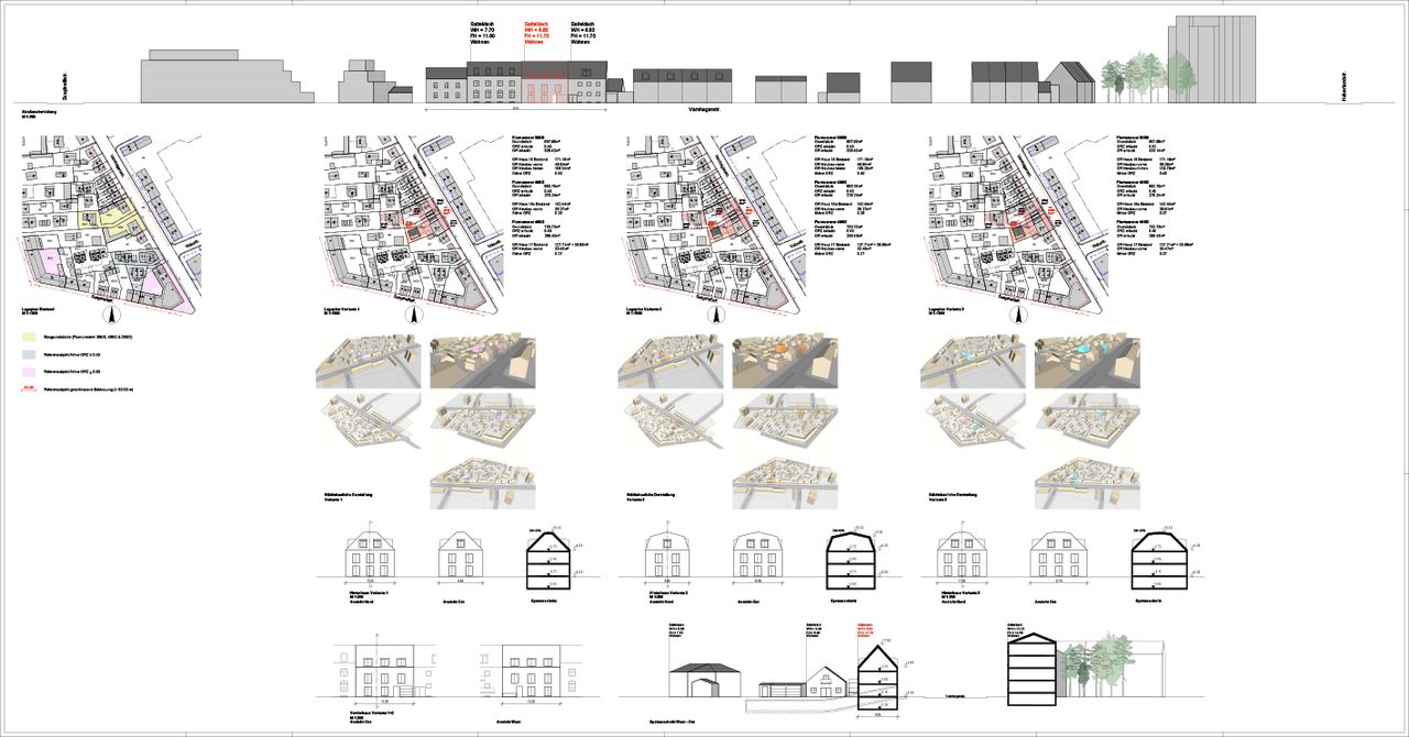Planblatt mit drei Bebauungsvarianten: Lagepläne, Modellfotos und Ansichten im Vergleich