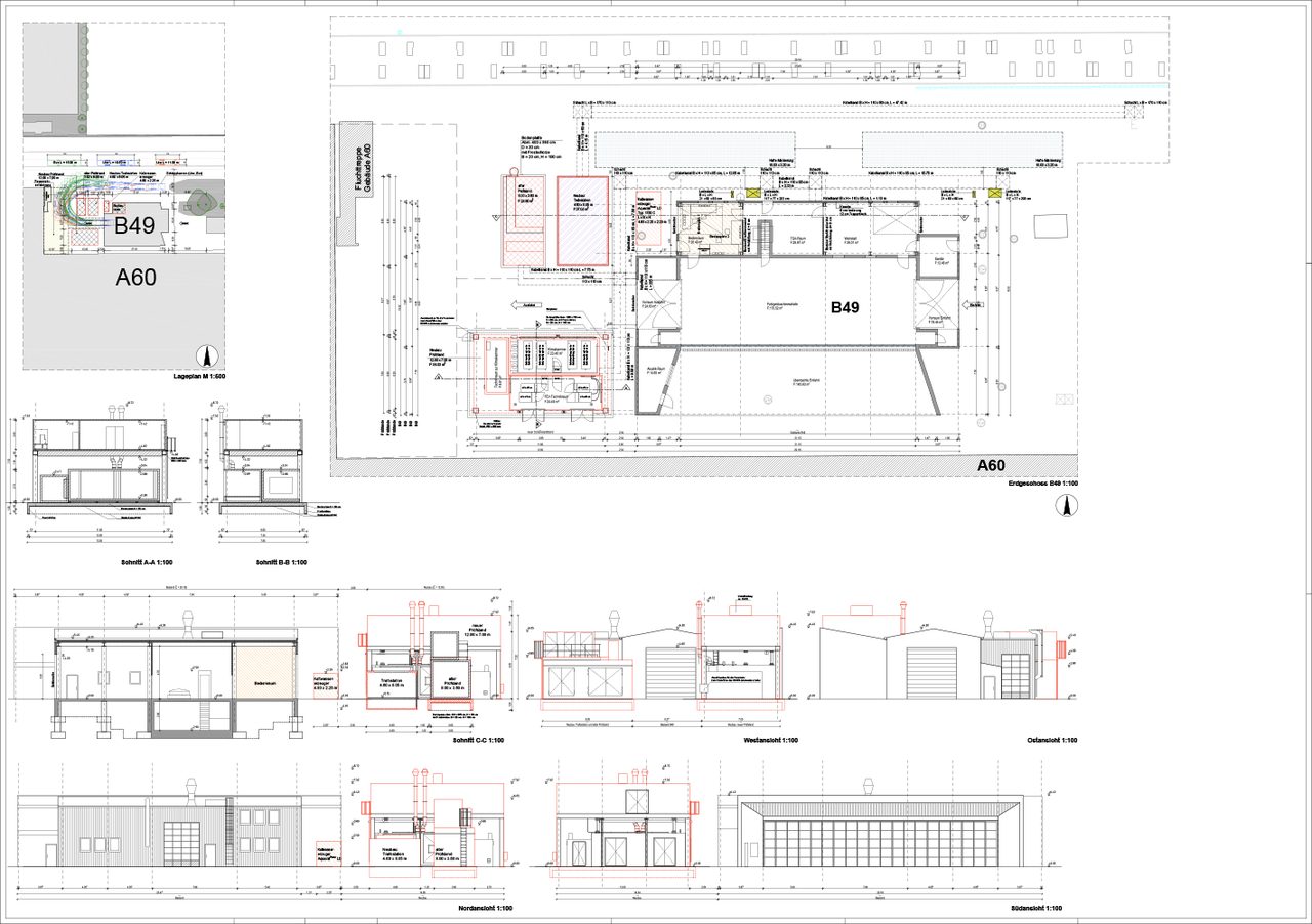 Planblatt mit Grundriss, Ansichten und Schnitten einer Halle
