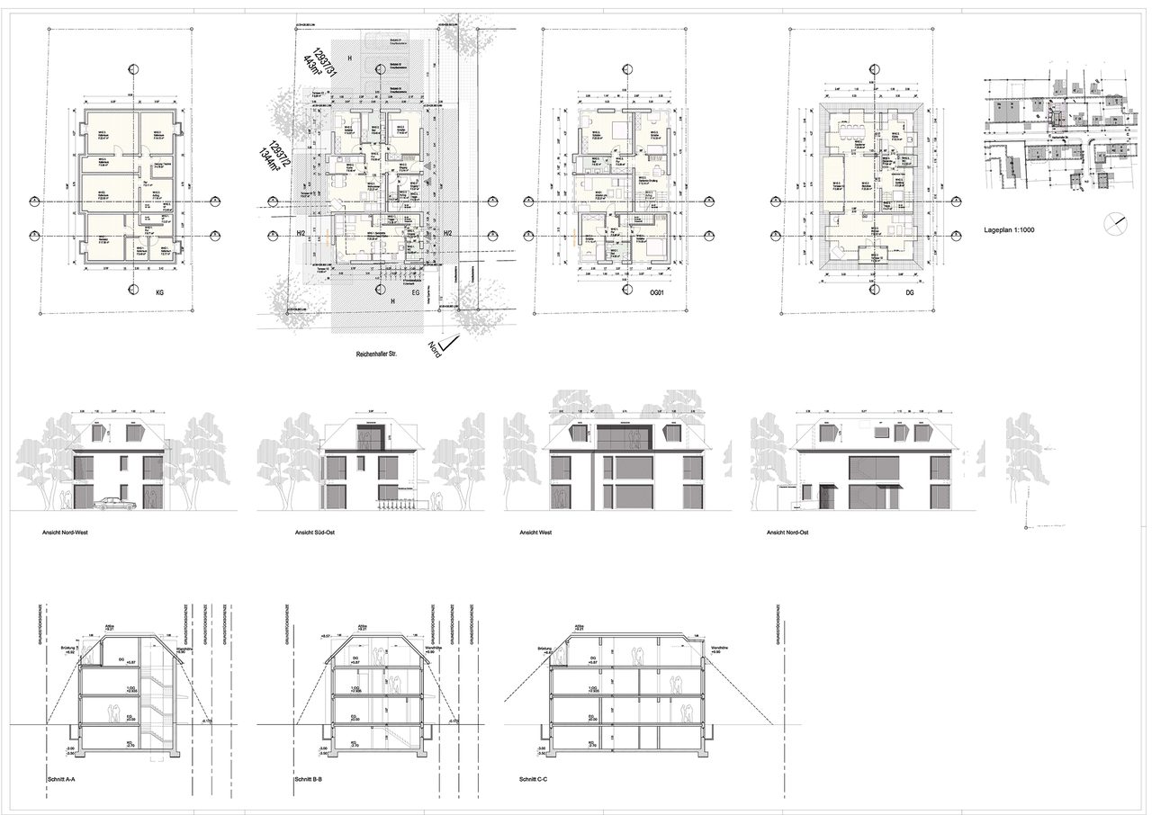 Planblatt mit Grundrissen, Ansichten und Schnitten eines Wohnhauses