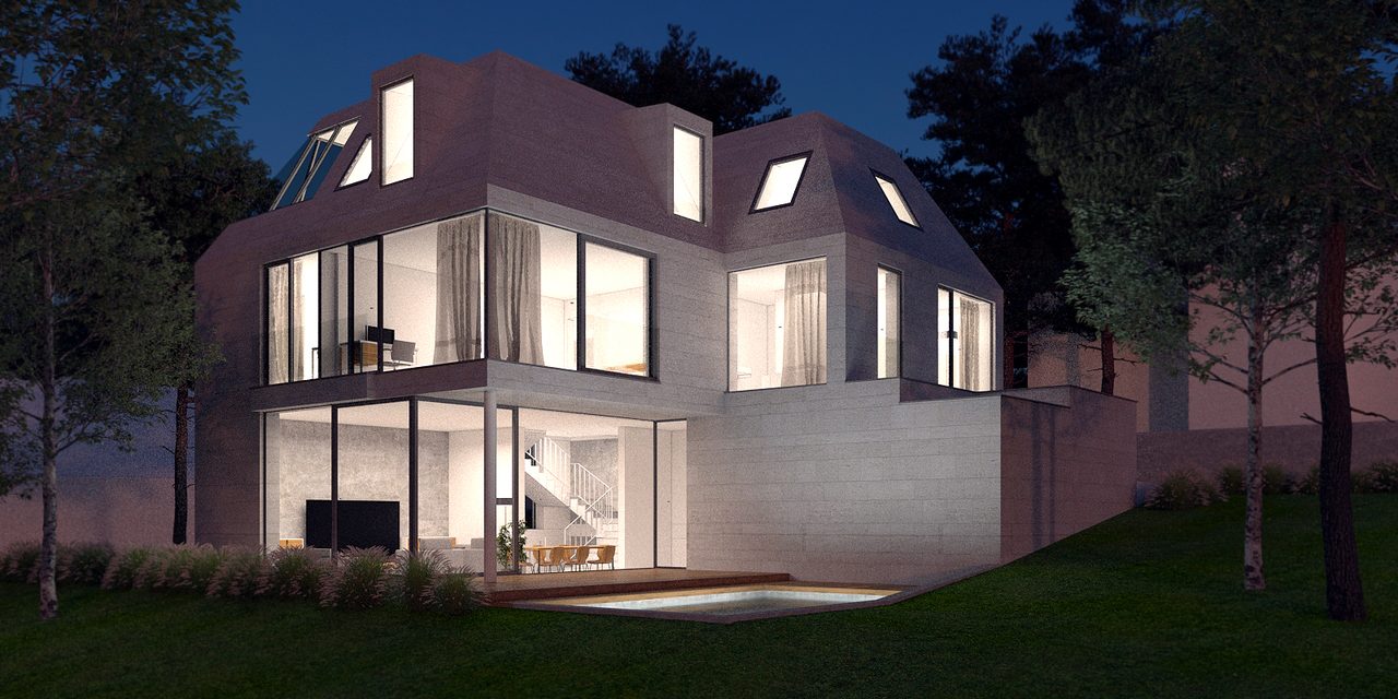 Abendliche Visualisierung eines Backsteinhauses mit großen Fensterflächen und beleuchtetem Innenraum